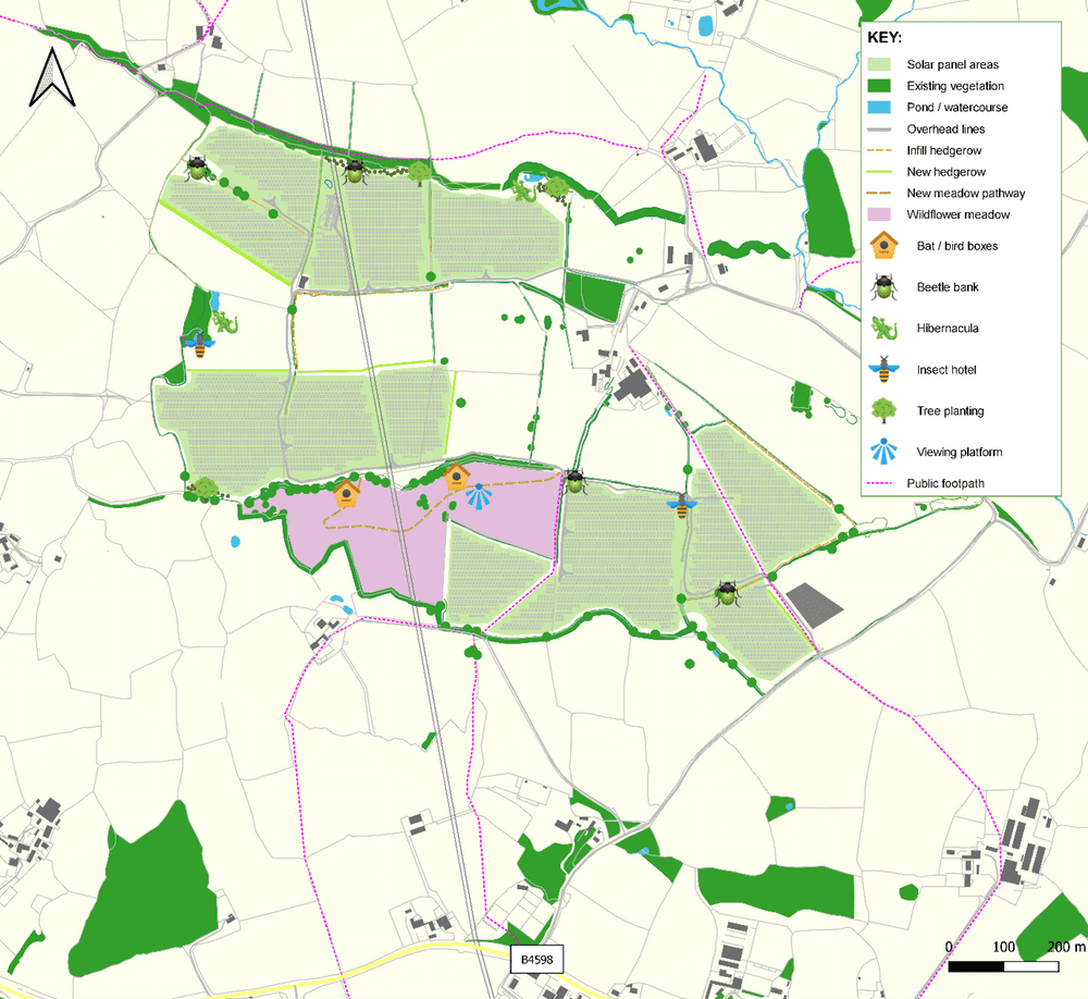 OS map showing the border of the site with panel areas and powerlines highlighted